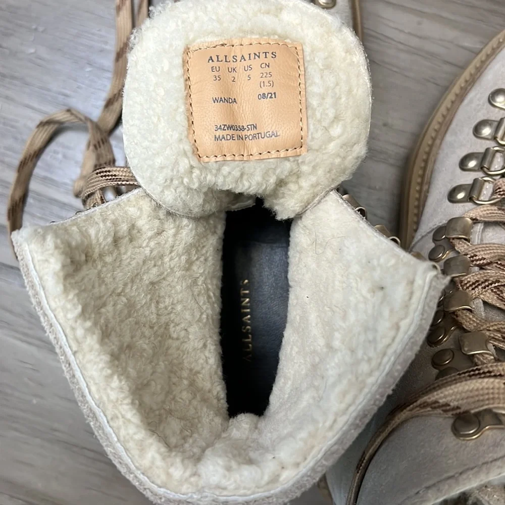 ALLSAINTS WANDA SUEDE COMBAT BOOTS SHEARLING LIND LUG SOLES SIZE 5